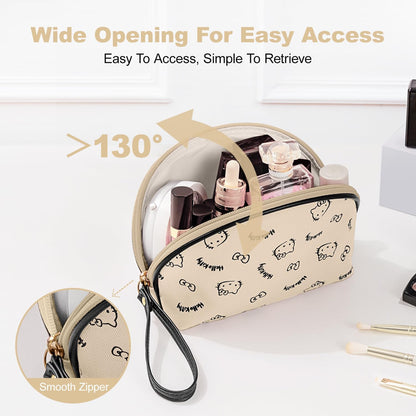 Makeup Bag Large Waterproof Cosmetic Bags with Divider and Brush Holder,Cute Printed Makeup Organizer for Women Traveling,Portable Toiletry Bag for Girls