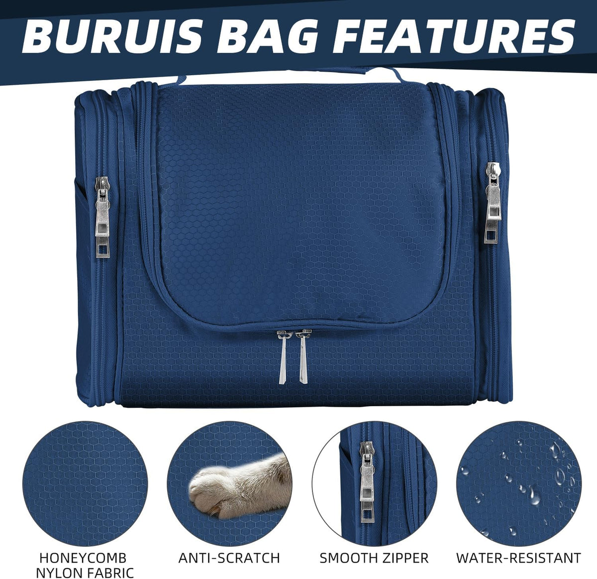 Buruis Hanging Toiletry Bag for Women and Men, Large Water-Resistant Makeup Organizer with Sturdy Hook, Lightweight Nylon Dopp Kit for Full-Sized Toiletries & Cosmetics, Purple