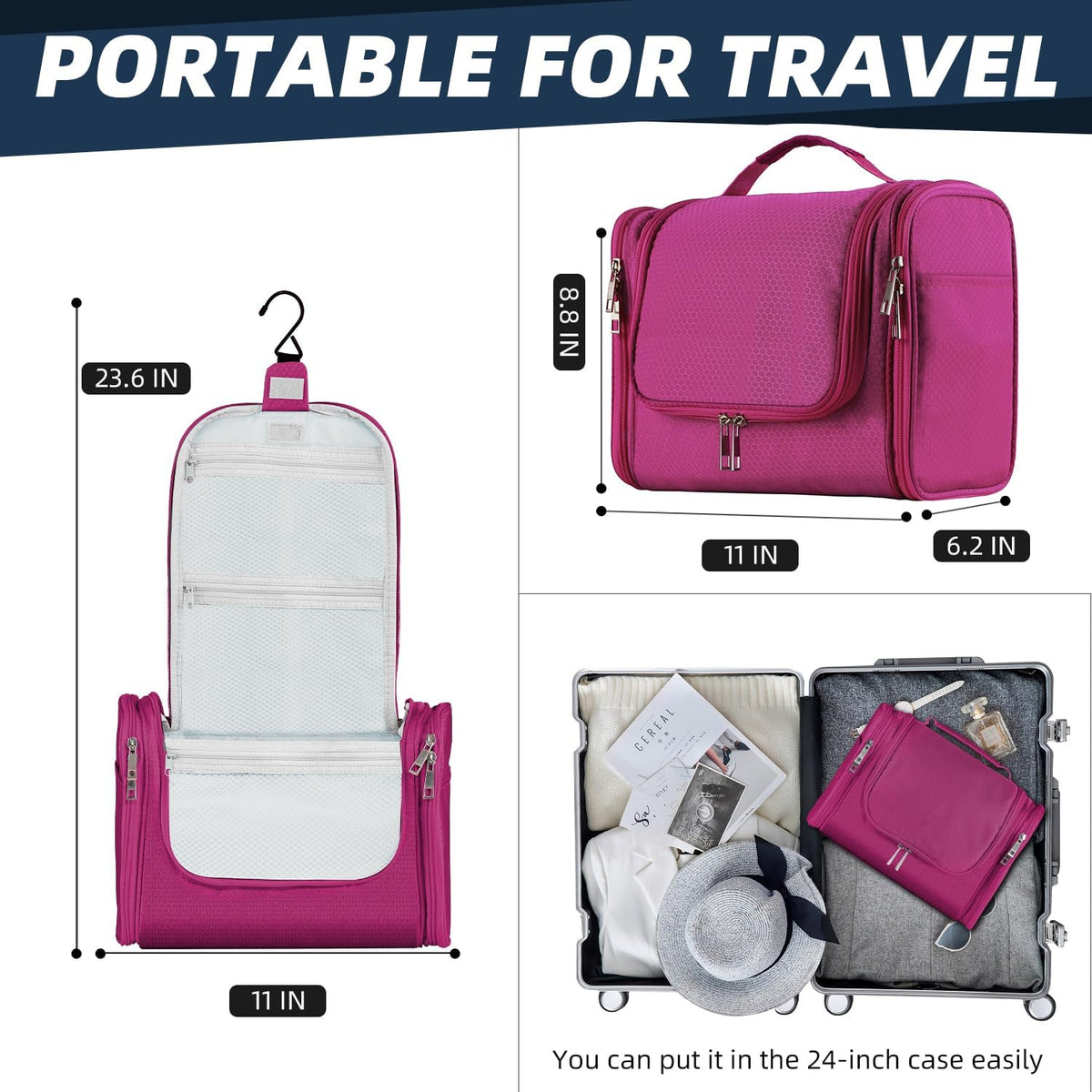 Buruis Hanging Toiletry Bag for Women and Men, Large Water-Resistant Makeup Organizer with Sturdy Hook, Lightweight Nylon Dopp Kit for Full-Sized Toiletries & Cosmetics, Purple
