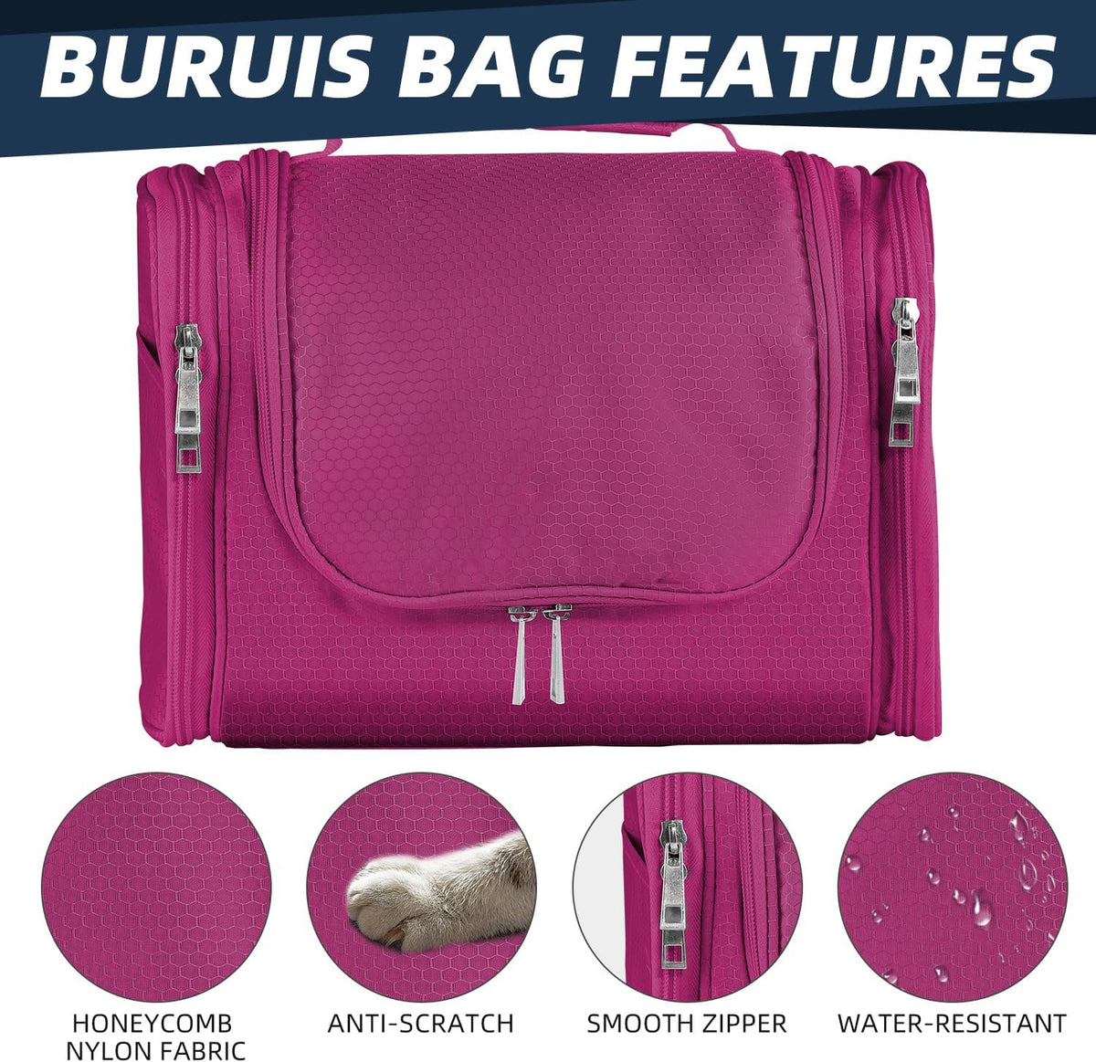 Buruis Hanging Toiletry Bag for Women and Men, Large Water-Resistant Makeup Organizer with Sturdy Hook, Lightweight Nylon Dopp Kit for Full-Sized Toiletries & Cosmetics, Purple