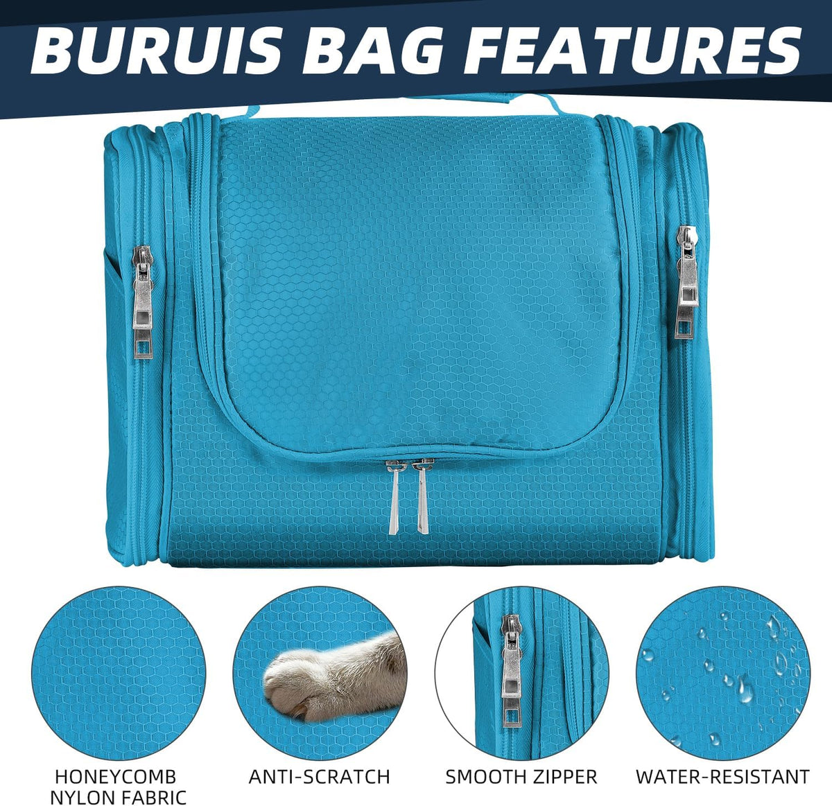 Buruis Hanging Toiletry Bag for Women and Men, Large Water-Resistant Makeup Organizer with Sturdy Hook, Lightweight Nylon Dopp Kit for Full-Sized Toiletries & Cosmetics, Purple