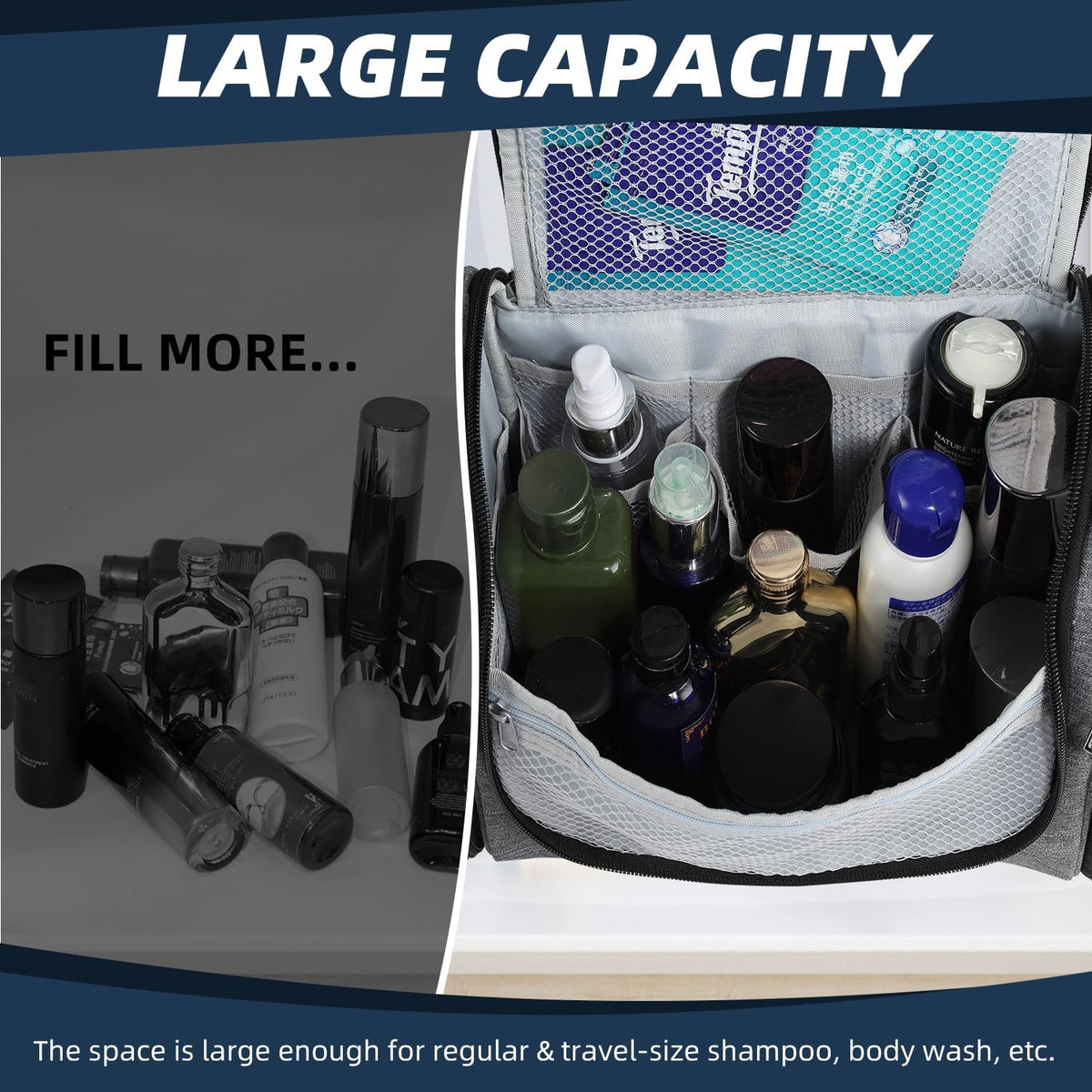 Buruis Hanging Toiletry Bag for Women and Men, Large Water-Resistant Makeup Organizer with Sturdy Hook, Lightweight Nylon Dopp Kit for Full-Sized Toiletries & Cosmetics, Purple