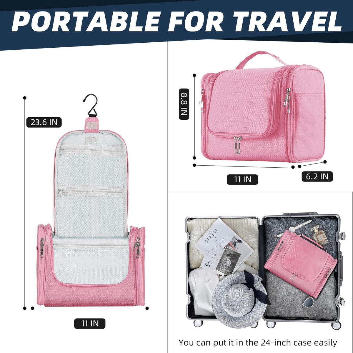 Buruis Hanging Toiletry Bag for Women and Men, Large Water-Resistant Makeup Organizer with Sturdy Hook, Lightweight Nylon Dopp Kit for Full-Sized Toiletries & Cosmetics, Purple