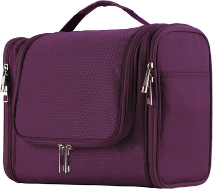 Buruis Hanging Toiletry Bag for Women and Men, Large Water-Resistant Makeup Organizer with Sturdy Hook, Lightweight Nylon Dopp Kit for Full-Sized Toiletries & Cosmetics, Purple