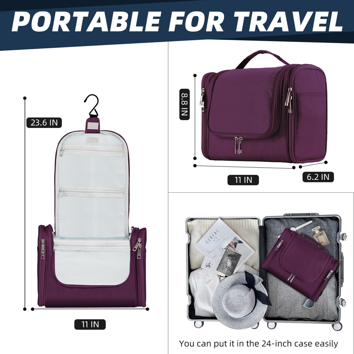 Buruis Hanging Toiletry Bag for Women and Men, Large Water-Resistant Makeup Organizer with Sturdy Hook, Lightweight Nylon Dopp Kit for Full-Sized Toiletries & Cosmetics, Purple