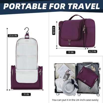 Buruis Hanging Toiletry Bag for Women and Men, Large Water-Resistant Makeup Organizer with Sturdy Hook, Lightweight Nylon Dopp Kit for Full-Sized Toiletries & Cosmetics, Purple