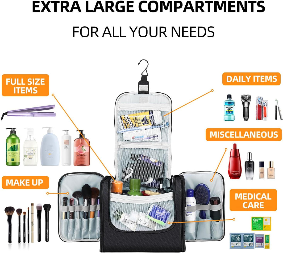 Buruis Hanging Toiletry Bag for Women and Men, Large Water-Resistant Makeup Organizer with Sturdy Hook, Lightweight Nylon Dopp Kit for Full-Sized Toiletries & Cosmetics, Purple