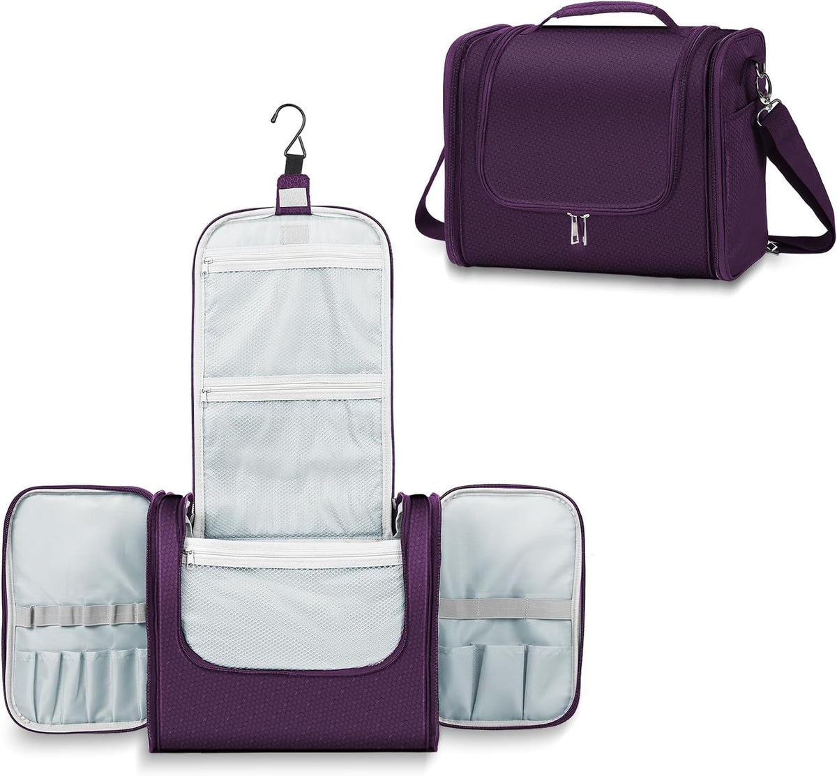 Buruis Hanging Toiletry Bag for Women and Men, Large Water-Resistant Makeup Organizer with Sturdy Hook, Lightweight Nylon Dopp Kit for Full-Sized Toiletries & Cosmetics, Purple