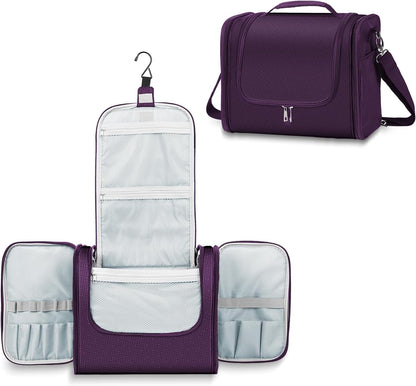 Buruis Hanging Toiletry Bag for Women and Men, Large Water-Resistant Makeup Organizer with Sturdy Hook, Lightweight Nylon Dopp Kit for Full-Sized Toiletries & Cosmetics, Purple