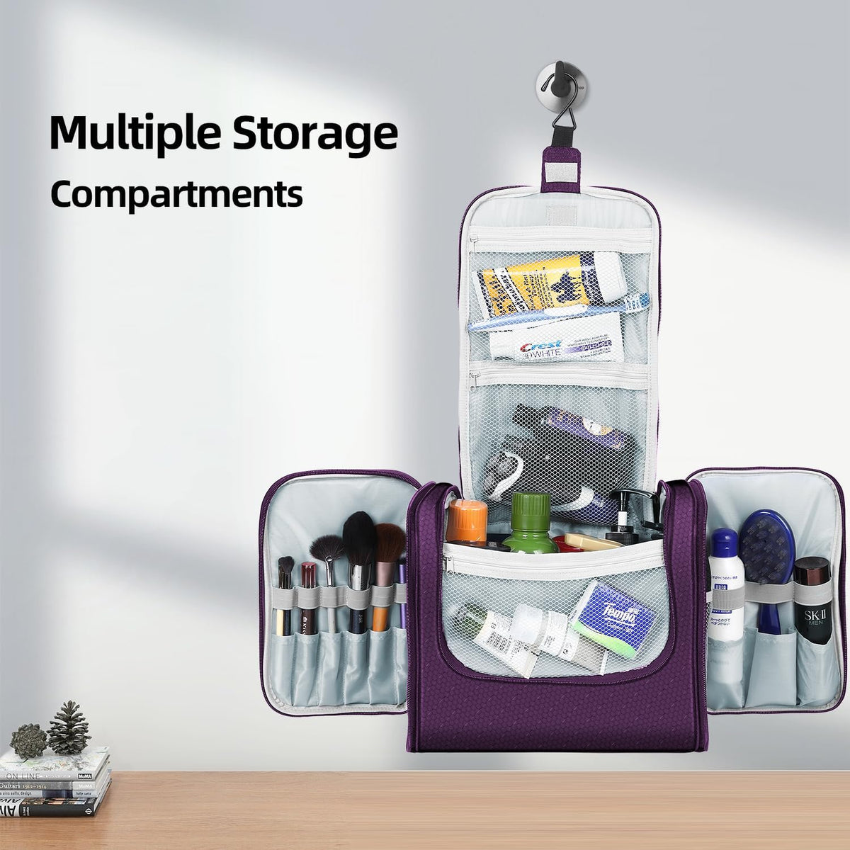 Buruis Hanging Toiletry Bag for Women and Men, Large Water-Resistant Makeup Organizer with Sturdy Hook, Lightweight Nylon Dopp Kit for Full-Sized Toiletries & Cosmetics, Purple