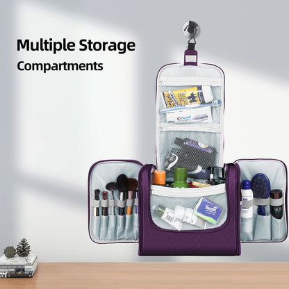 Buruis Hanging Toiletry Bag for Women and Men, Large Water-Resistant Makeup Organizer with Sturdy Hook, Lightweight Nylon Dopp Kit for Full-Sized Toiletries & Cosmetics, Purple
