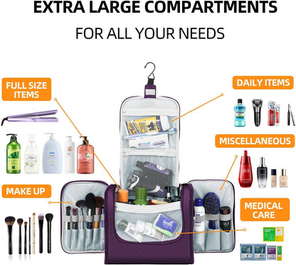 Buruis Hanging Toiletry Bag for Women and Men, Large Water-Resistant Makeup Organizer with Sturdy Hook, Lightweight Nylon Dopp Kit for Full-Sized Toiletries & Cosmetics, Purple