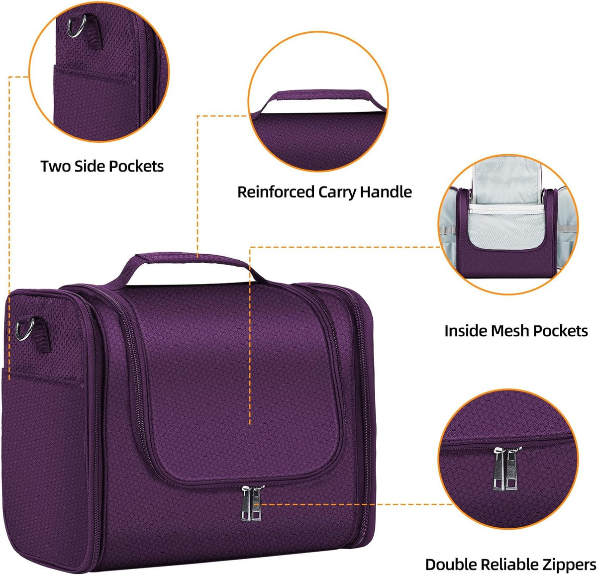 Buruis Hanging Toiletry Bag for Women and Men, Large Water-Resistant Makeup Organizer with Sturdy Hook, Lightweight Nylon Dopp Kit for Full-Sized Toiletries & Cosmetics, Purple