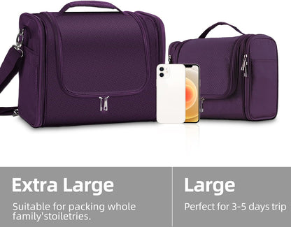 Buruis Hanging Toiletry Bag for Women and Men, Large Water-Resistant Makeup Organizer with Sturdy Hook, Lightweight Nylon Dopp Kit for Full-Sized Toiletries & Cosmetics, Purple