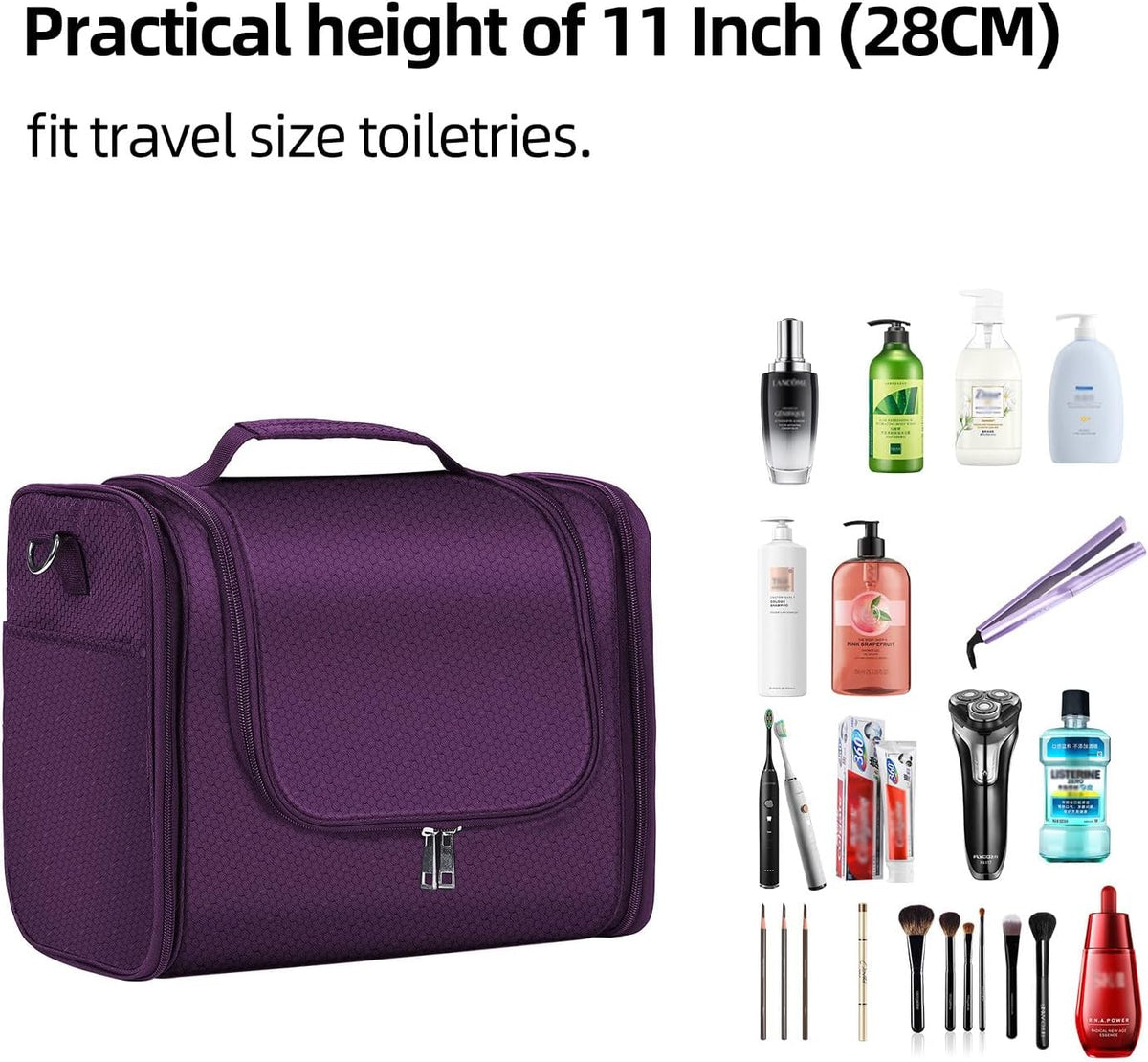Buruis Hanging Toiletry Bag for Women and Men, Large Water-Resistant Makeup Organizer with Sturdy Hook, Lightweight Nylon Dopp Kit for Full-Sized Toiletries & Cosmetics, Purple