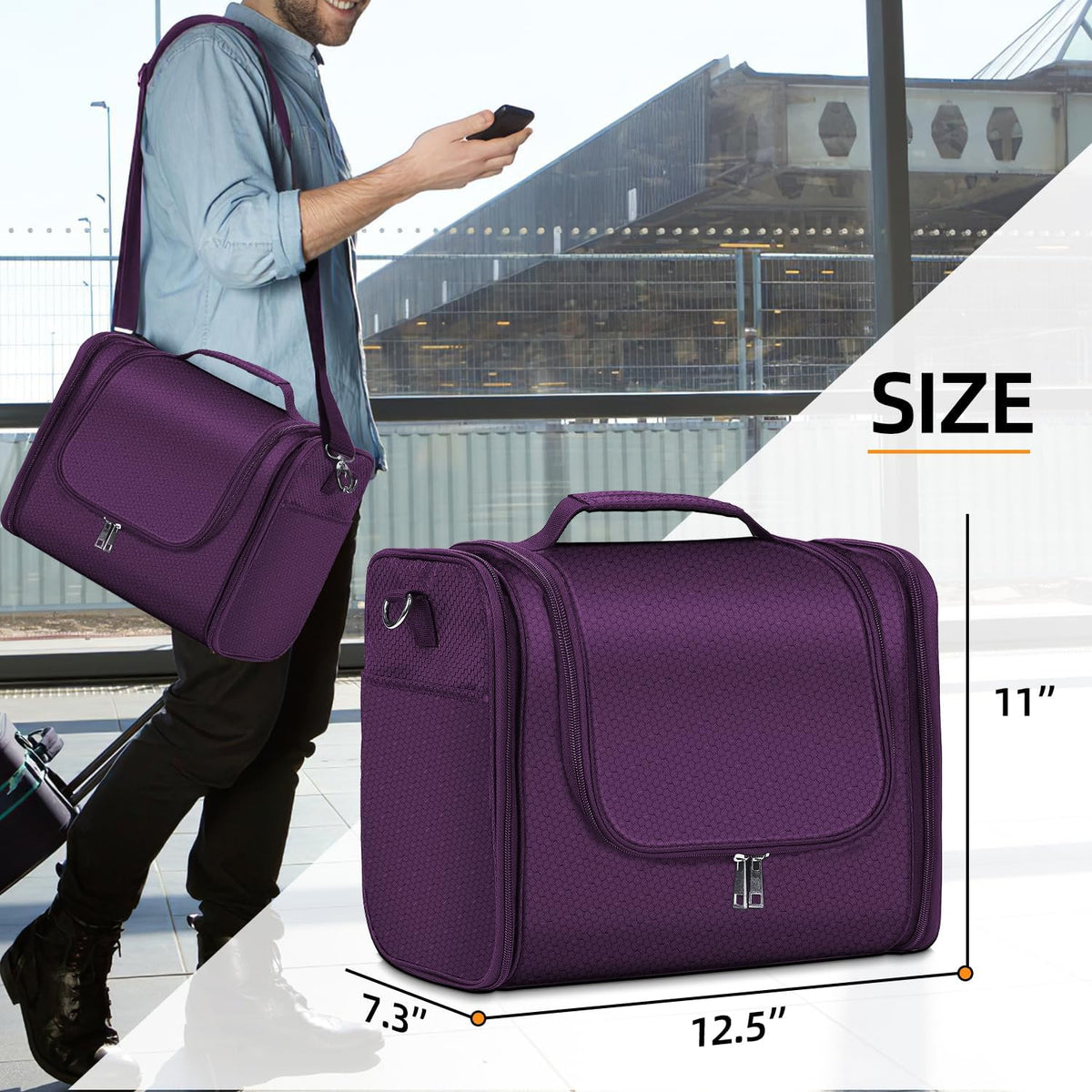 Buruis Hanging Toiletry Bag for Women and Men, Large Water-Resistant Makeup Organizer with Sturdy Hook, Lightweight Nylon Dopp Kit for Full-Sized Toiletries & Cosmetics, Purple