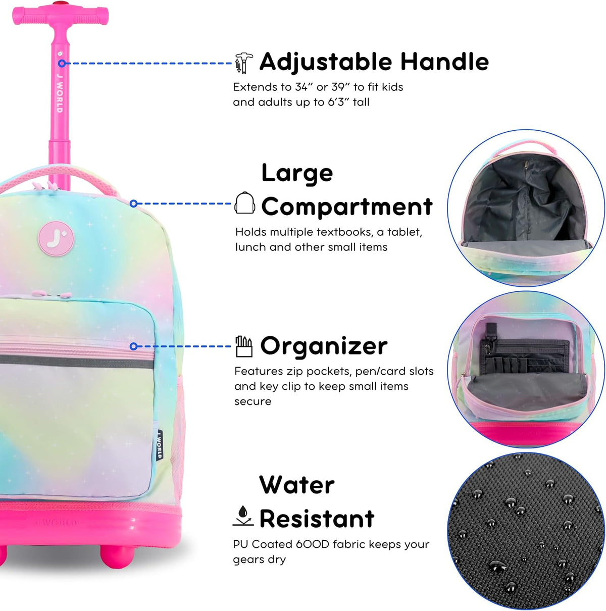 Sunrise Kids Rolling Backpack with Wheels for Girls Boys, Roller Bookbag for School, 18 x 13 x 9 Inches, Confetti - Colors A