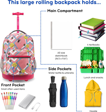 Sunrise Kids Rolling Backpack with Wheels for Girls Boys, Roller Bookbag for School, 18 x 13 x 9 Inches, Confetti - Colors A