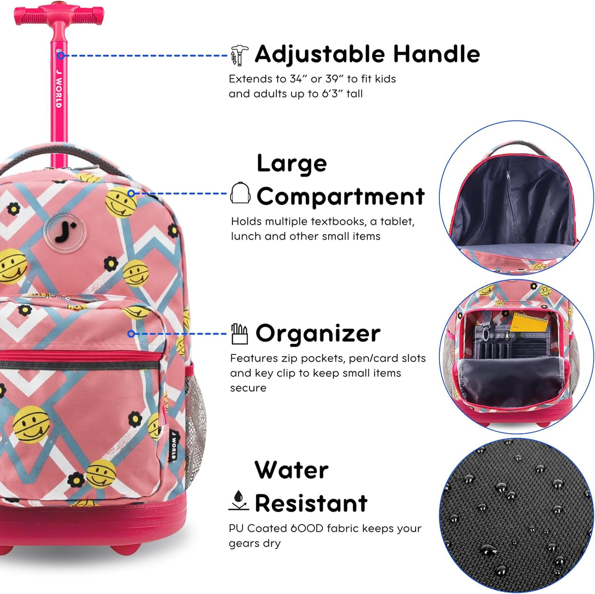 Sunrise Kids Rolling Backpack with Wheels for Girls Boys, Roller Bookbag for School, 18 x 13 x 9 Inches, Confetti - Colors A
