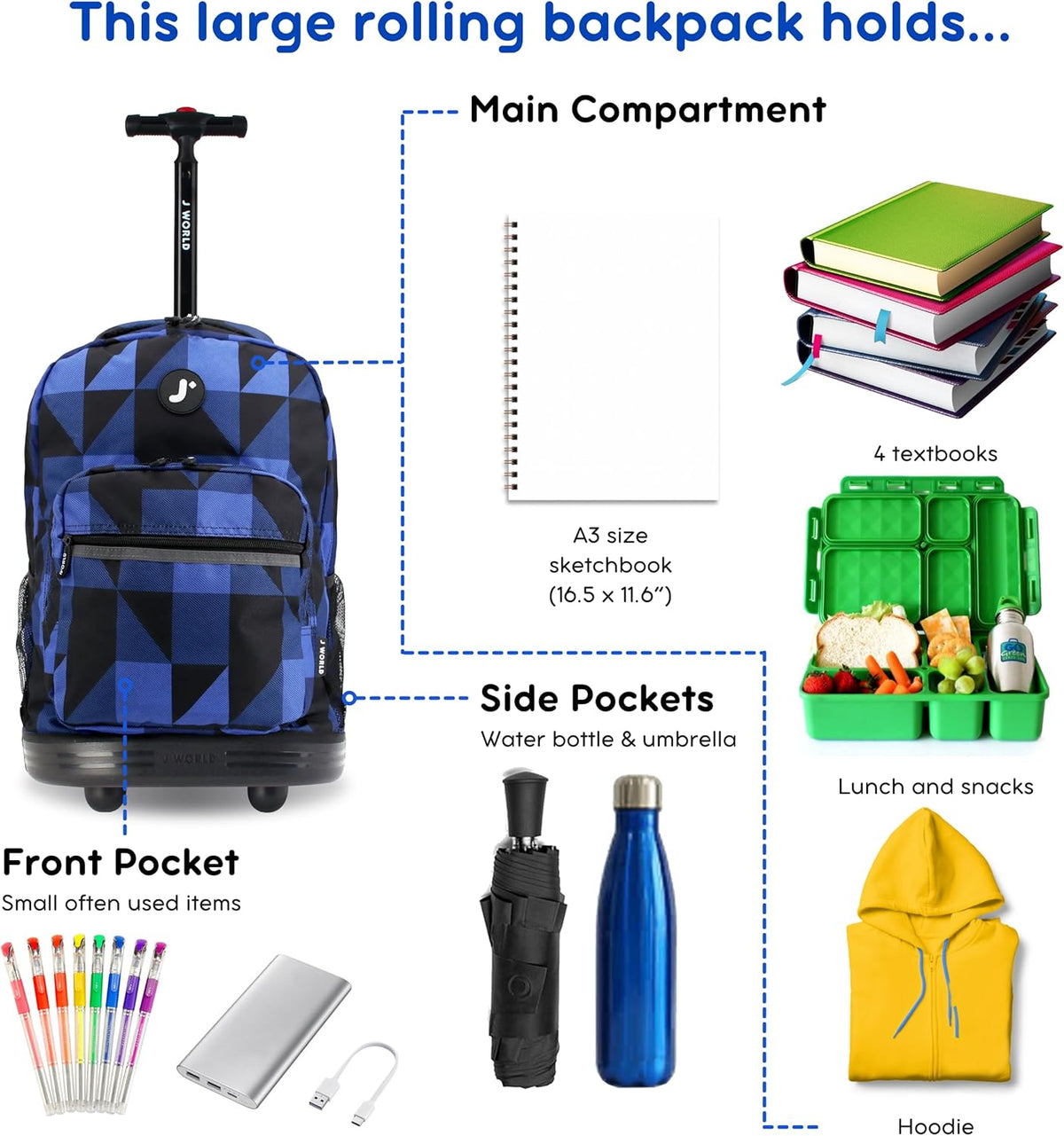 Sunrise Kids Rolling Backpack with Wheels for Girls Boys, Roller Bookbag for School, 18 x 13 x 9 Inches, Confetti - Colors A