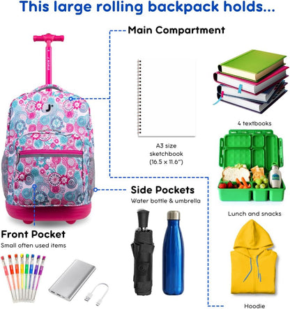 Sunrise Kids Rolling Backpack with Wheels for Girls Boys, Roller Bookbag for School, 18 x 13 x 9 Inches, Confetti - Colors A
