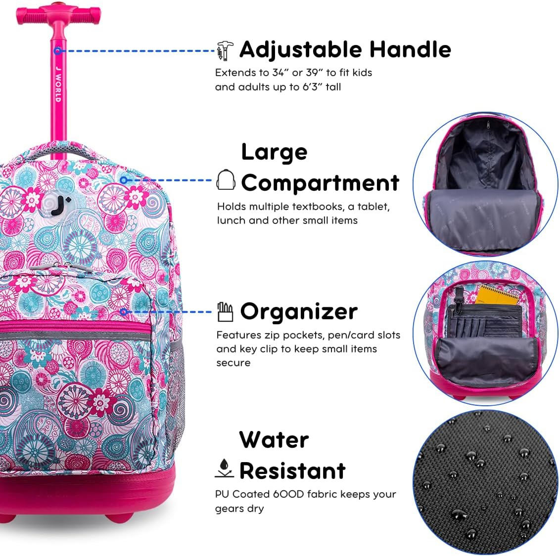 Sunrise Kids Rolling Backpack with Wheels for Girls Boys, Roller Bookbag for School, 18 x 13 x 9 Inches, Confetti - Colors A