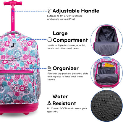 Sunrise Kids Rolling Backpack with Wheels for Girls Boys, Roller Bookbag for School, 18 x 13 x 9 Inches, Confetti - Colors A
