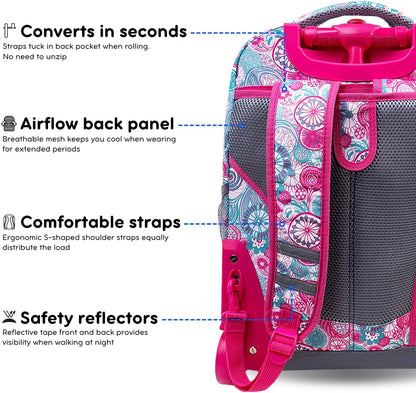 Sunrise Kids Rolling Backpack with Wheels for Girls Boys, Roller Bookbag for School, 18 x 13 x 9 Inches, Confetti - Colors A