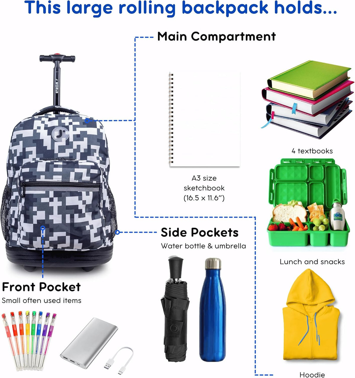 Sunrise Kids Rolling Backpack with Wheels for Girls Boys, Roller Bookbag for School, 18 x 13 x 9 Inches, Confetti - Colors A