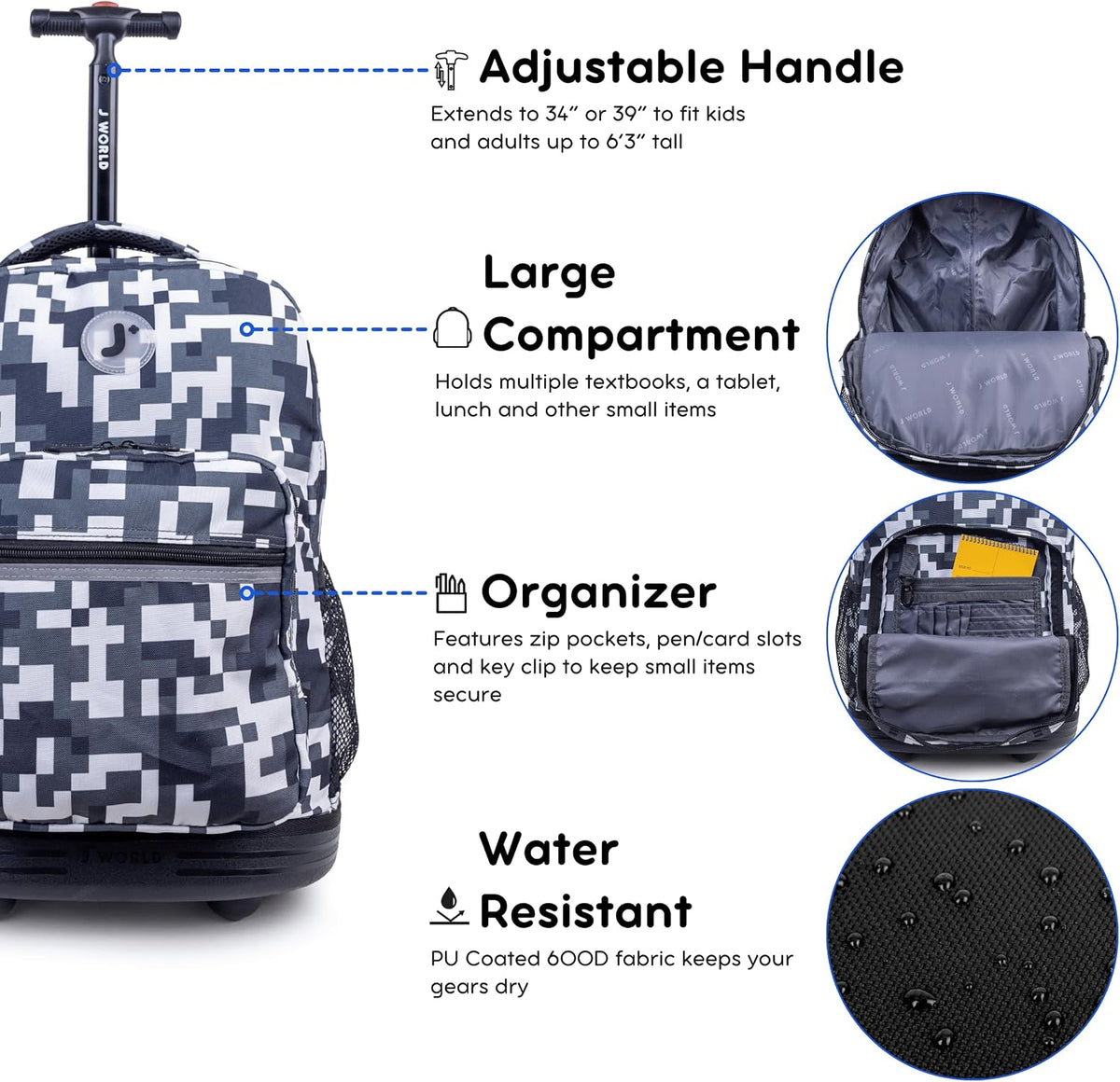 Sunrise Kids Rolling Backpack with Wheels for Girls Boys, Roller Bookbag for School, 18 x 13 x 9 Inches, Confetti - Colors A