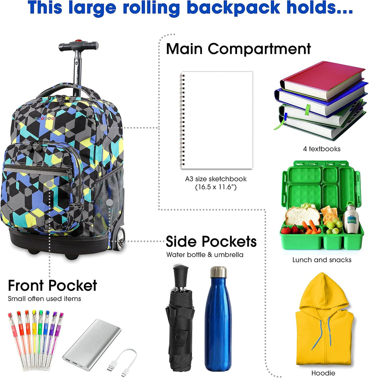 Sunrise Kids Rolling Backpack with Wheels for Girls Boys, Roller Bookbag for School, 18 x 13 x 9 Inches, Confetti - Colors A