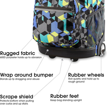 Sunrise Kids Rolling Backpack with Wheels for Girls Boys, Roller Bookbag for School, 18 x 13 x 9 Inches, Confetti - Colors A