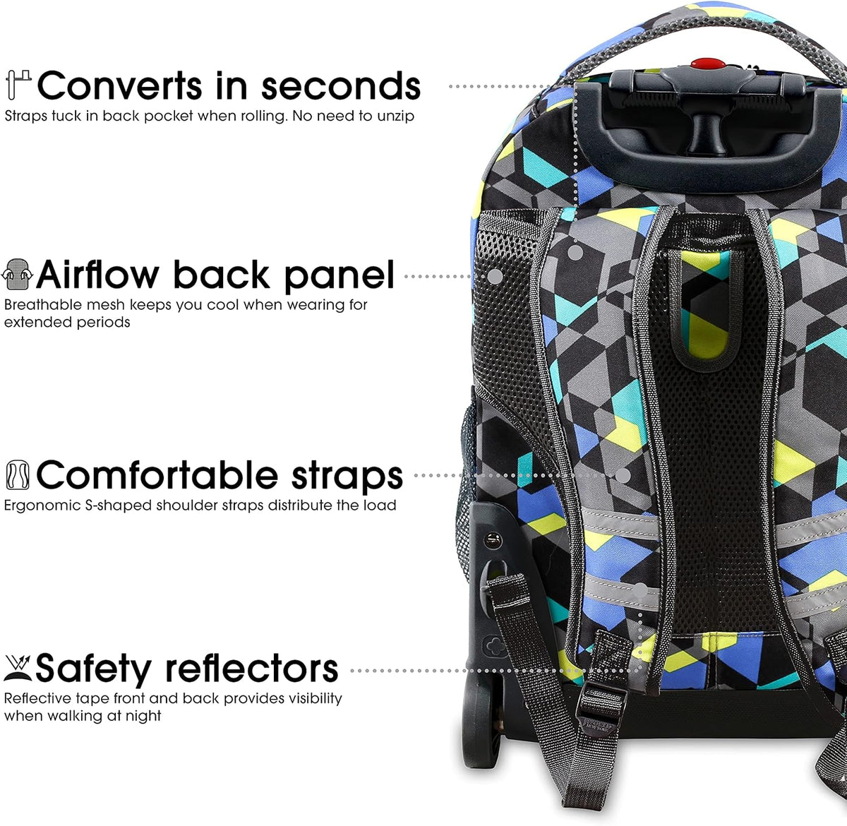 Sunrise Kids Rolling Backpack with Wheels for Girls Boys, Roller Bookbag for School, 18 x 13 x 9 Inches, Confetti - Colors A