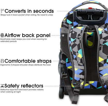 Sunrise Kids Rolling Backpack with Wheels for Girls Boys, Roller Bookbag for School, 18 x 13 x 9 Inches, Confetti - Colors A
