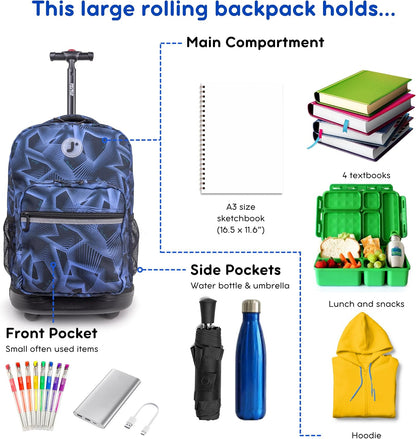 Sunrise Kids Rolling Backpack with Wheels for Girls Boys, Roller Bookbag for School, 18 x 13 x 9 Inches, Confetti - Colors A