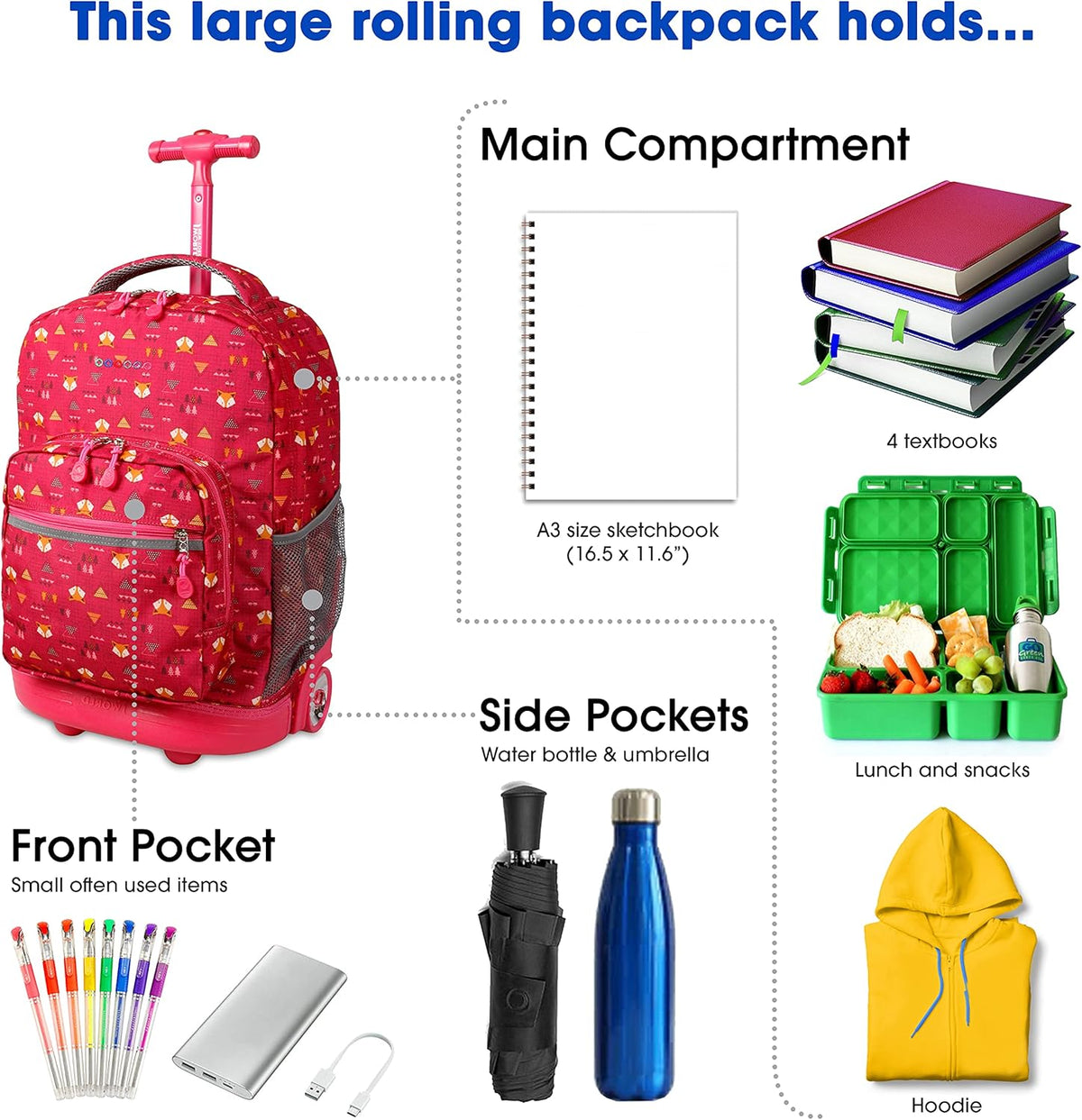 Sunrise Kids Rolling Backpack with Wheels for Girls Boys, Roller Bookbag for School, 18 x 13 x 9 Inches, Confetti - Colors A