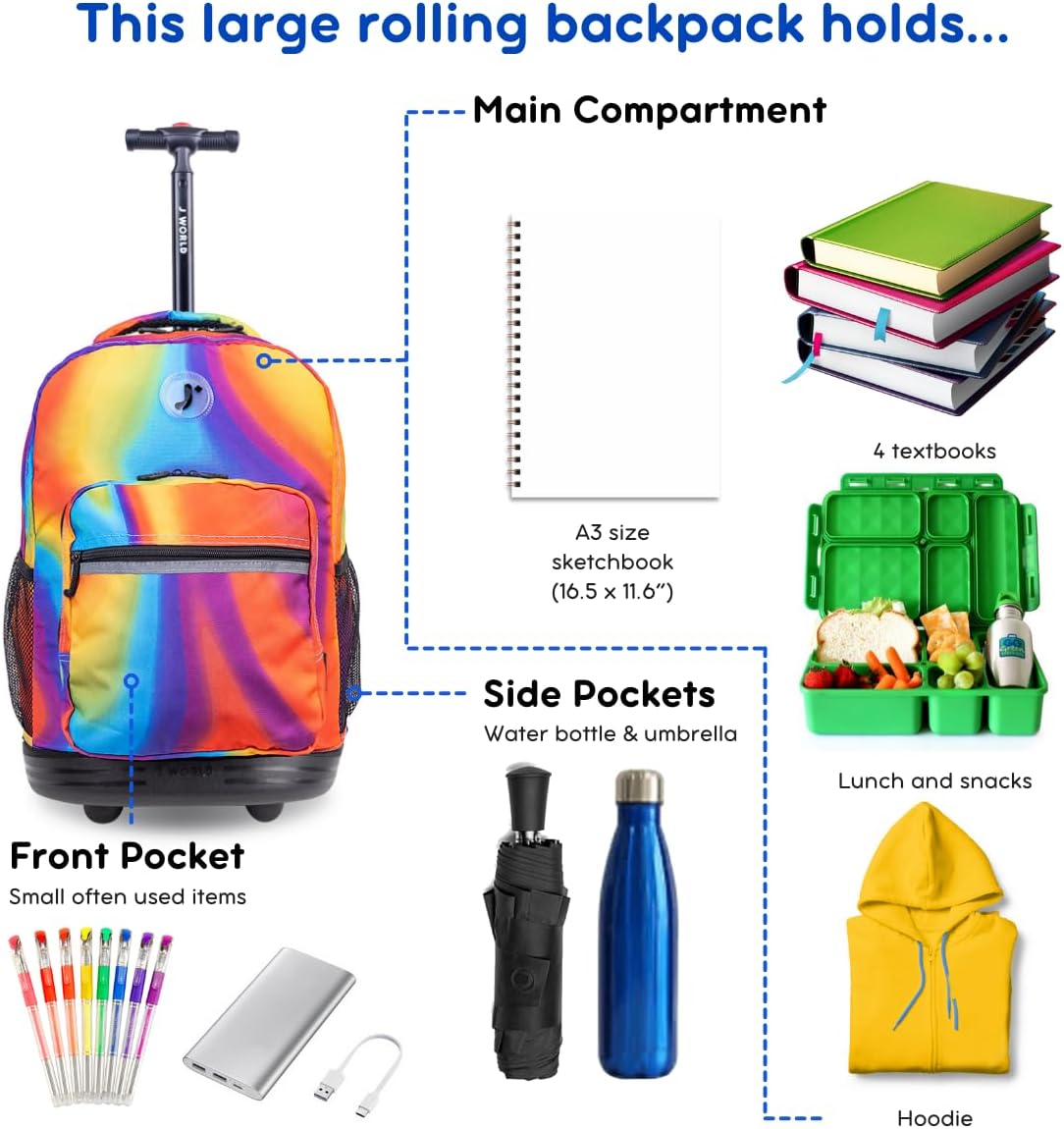Sunrise Kids Rolling Backpack with Wheels for Girls Boys, Roller Bookbag for School, 18 x 13 x 9 Inches, Confetti - Colors A