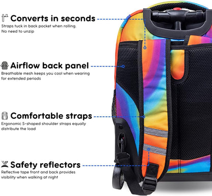 Sunrise Kids Rolling Backpack with Wheels for Girls Boys, Roller Bookbag for School, 18 x 13 x 9 Inches, Confetti - Colors A
