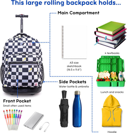 Sunrise Kids Rolling Backpack with Wheels for Girls Boys, Roller Bookbag for School, 18 x 13 x 9 Inches, Confetti - Colors A