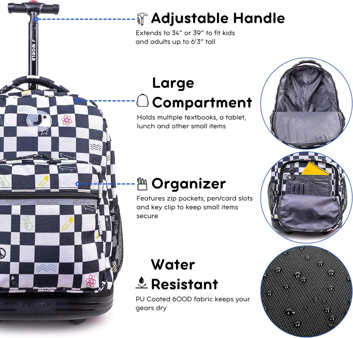 Sunrise Kids Rolling Backpack with Wheels for Girls Boys, Roller Bookbag for School, 18 x 13 x 9 Inches, Confetti - Colors A
