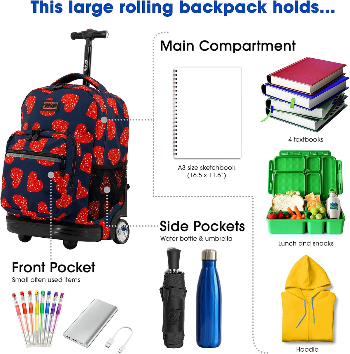 Sunrise Kids Rolling Backpack with Wheels for Girls Boys, Roller Bookbag for School, 18 x 13 x 9 Inches, Confetti - Colors A