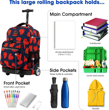 Sunrise Kids Rolling Backpack with Wheels for Girls Boys, Roller Bookbag for School, 18 x 13 x 9 Inches, Confetti - Colors A