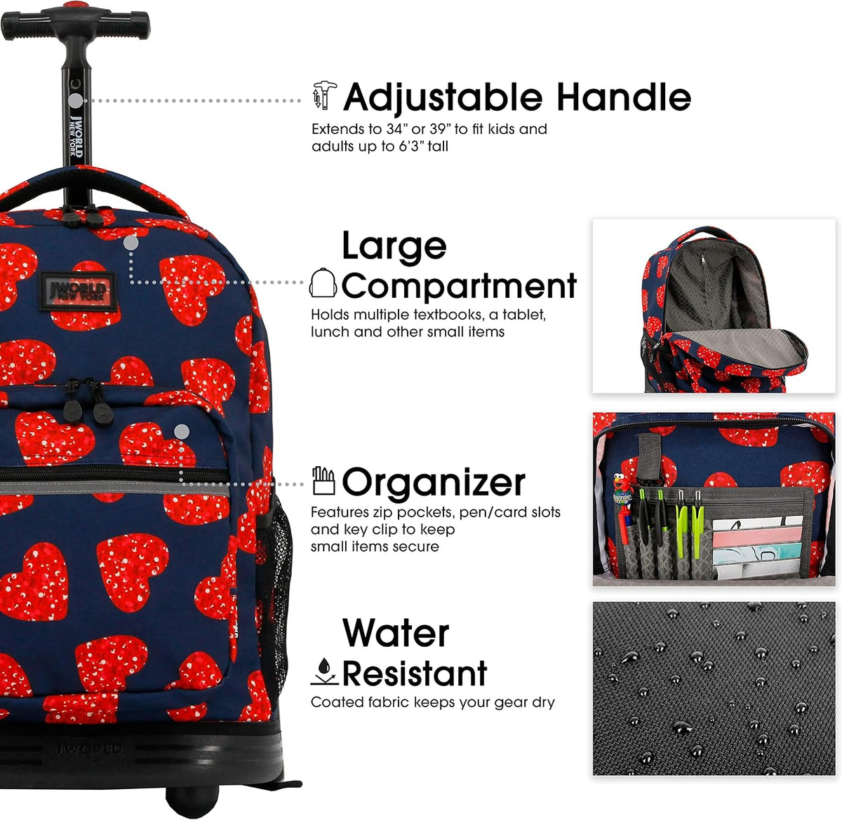 Sunrise Kids Rolling Backpack with Wheels for Girls Boys, Roller Bookbag for School, 18 x 13 x 9 Inches, Confetti - Colors A