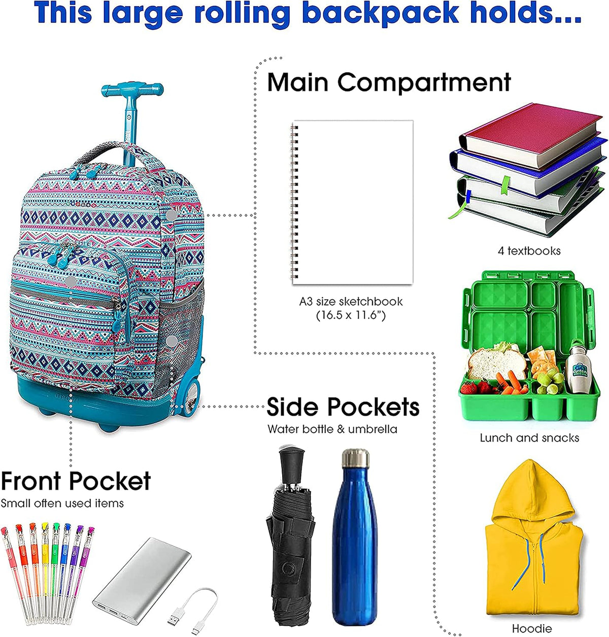 Sunrise Kids Rolling Backpack with Wheels for Girls Boys, Roller Bookbag for School, 18 x 13 x 9 Inches, Confetti - Colors A