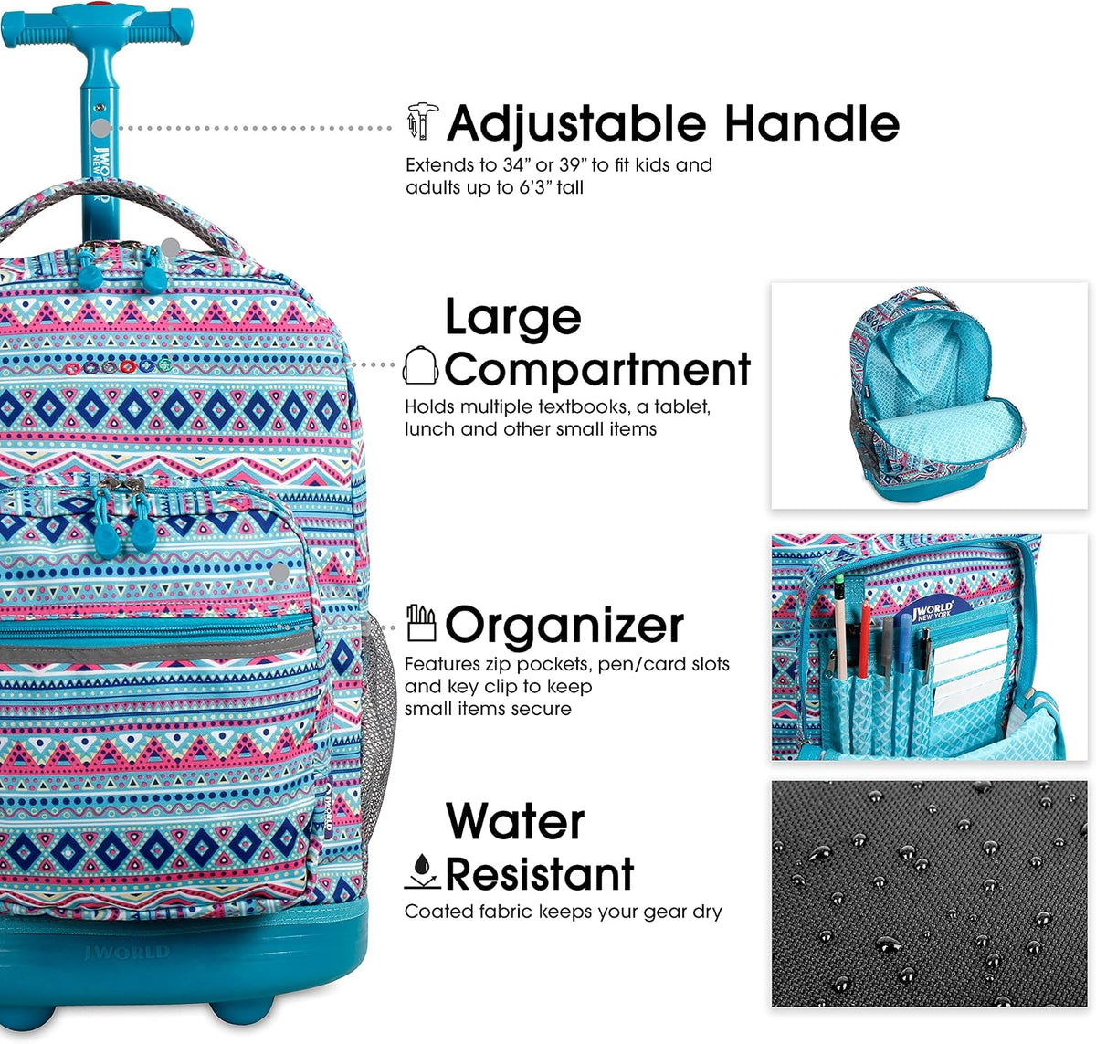 Sunrise Kids Rolling Backpack with Wheels for Girls Boys, Roller Bookbag for School, 18 x 13 x 9 Inches, Confetti - Colors A
