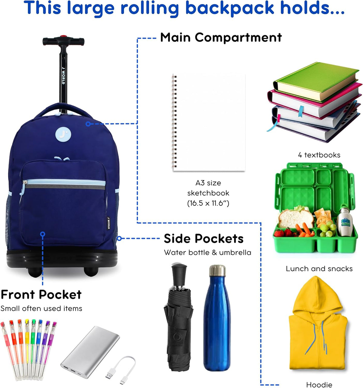 Sunrise Kids Rolling Backpack with Wheels for Girls Boys, Roller Bookbag for School, 18 x 13 x 9 Inches, Confetti - Colors A