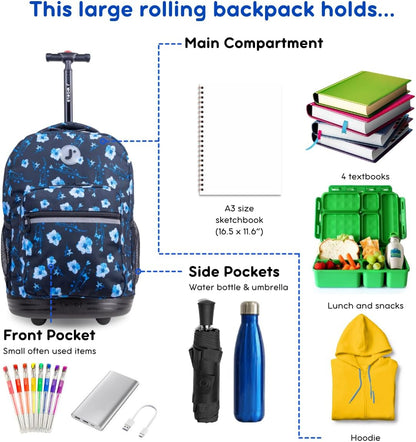 Sunrise Kids Rolling Backpack with Wheels for Girls Boys, Roller Bookbag for School, 18 x 13 x 9 Inches, Confetti - Colors A