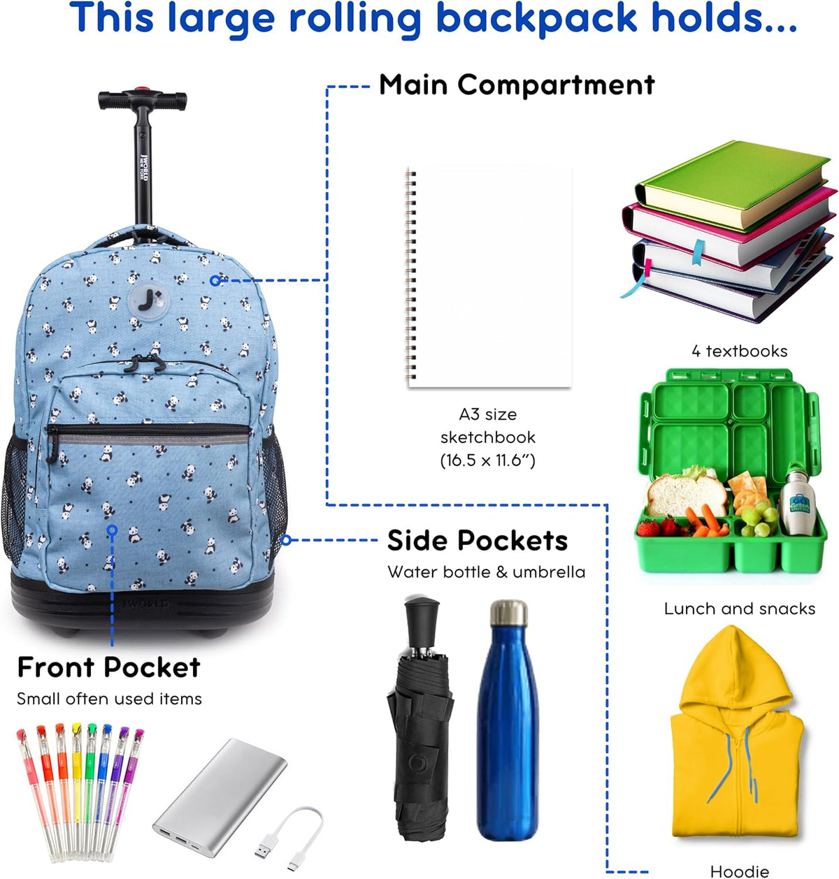 Sunrise Kids Rolling Backpack with Wheels for Girls Boys, Roller Bookbag for School, 18 x 13 x 9 Inches, Confetti - Colors A