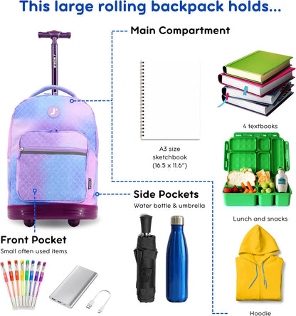Sunrise Kids Rolling Backpack with Wheels for Girls Boys, Roller Bookbag for School, 18 x 13 x 9 Inches, Confetti - Colors A