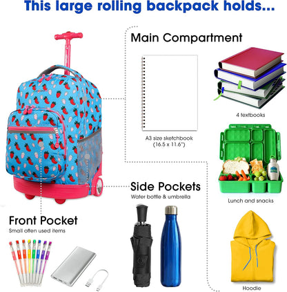 Sunrise Kids Rolling Backpack with Wheels for Girls Boys, Roller Bookbag for School, 18 x 13 x 9 Inches, Confetti - Colors A